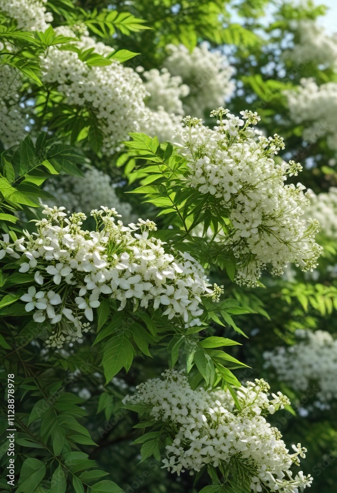 Elderberry foliage with white flowers in June, botanical garden, summer blooms Elderberry foliage with white flowers in June, botanical garden, summer blooms