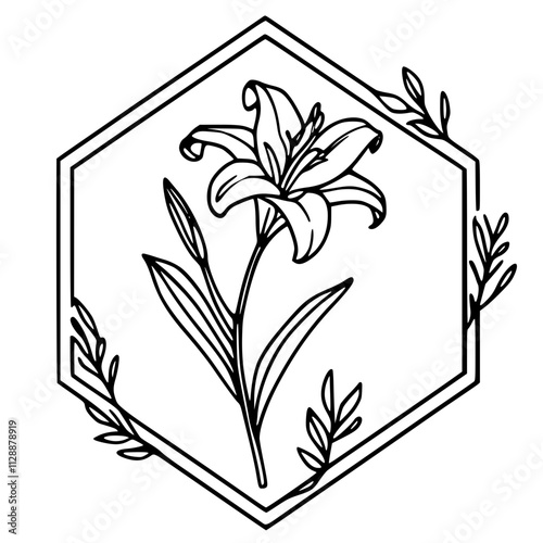 Hand-drawn floral illustration of a lily flower within a hexagonal frame, black and white line art, vector SVG
