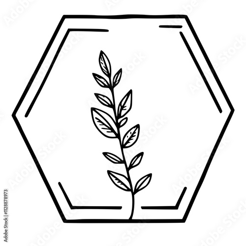 Hand-drawn botanical illustration of a leafy branch within a hexagonal frame, black and white line art, simple flat style, vector SVG