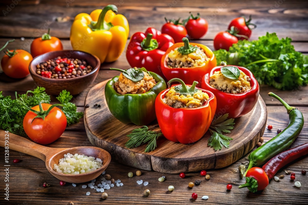 Colorful Stuffed Bell Peppers with Fresh Herbs on a Wooden Table Surrounded by Vibrant Ingredients for a Delicious Culinary Display Colorful Stuffed Bell Peppers with Fresh Herbs on a Wooden Table Surrounded by Vibrant Ingredients for a Delicious Culinary Display