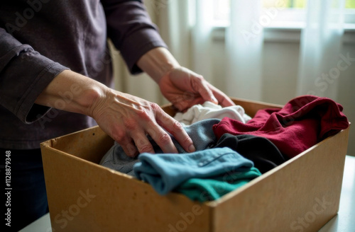 Close-up view of elderly woman hands packing or unpacking clothes to a cardboard box in a light room