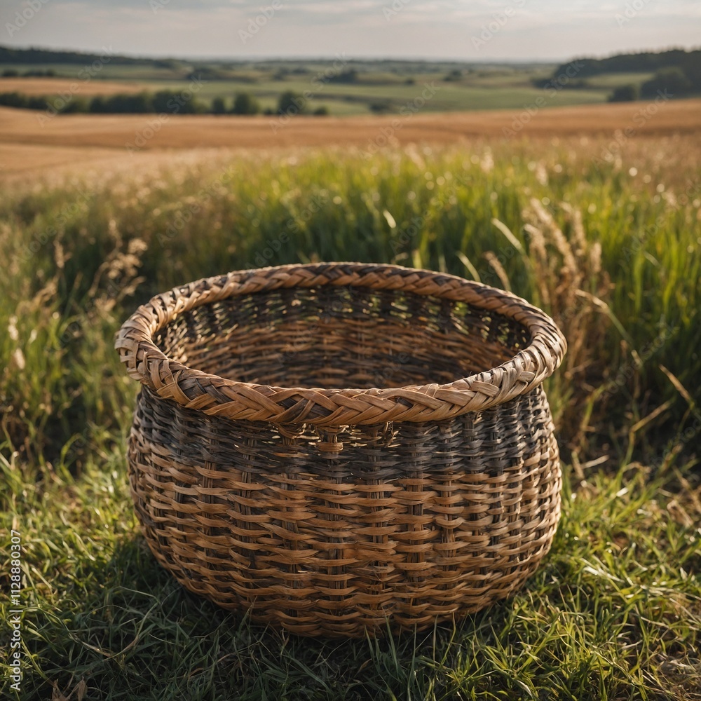 A woven basket texture, with a blurred countryside field in the background. A woven basket texture, with a blurred countryside field in the background.