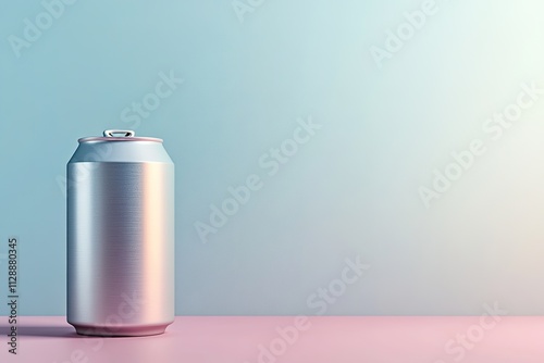 Silver can on pink surface against blue background, minimalist design