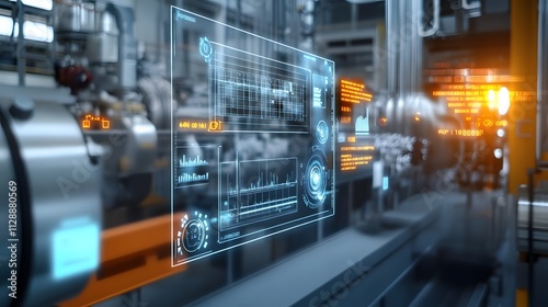 An depicting IoT sensors actively monitoring equipment conditions, with visual indicators showing predictive maintenance alerts and real-time data analysis