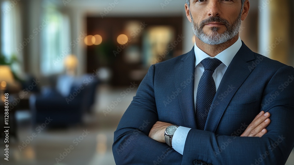 Fototapeta premium A man in a suit and tie stands in front of a room with a couch and a lamp