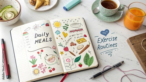 An overhead view of a handwritten journal open to a page filled with colorful doodles and notes about daily meals and exercise routines. The ink flows freely across the page