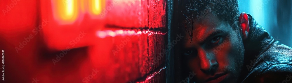 A thief hiding in the corner of a dimly lit alley, their face partially illuminated by a neon sign, cinematic focus A thief hiding in the corner of a dimly lit alley, their face partially illuminated by a neon sign, cinematic focus