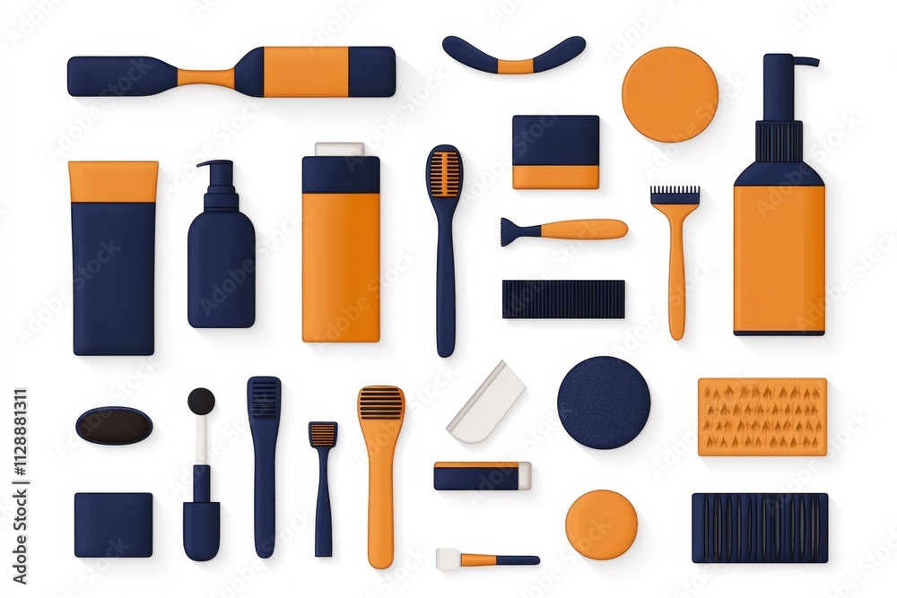 A flat 2D design showing an array of epilation tools and soothing products arranged neatly on a white background A flat 2D design showing an array of epilation tools and soothing products arranged neatly on a white background