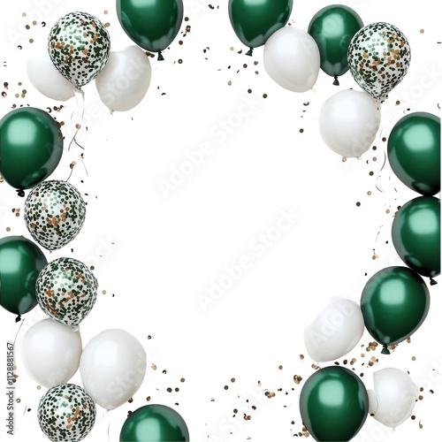 Green and white balloon frame with confetti illustration on transparent background, 3d rendering