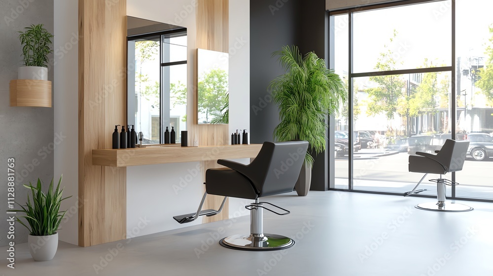 A rustic hair salon setup with wooden tools and plants A rustic hair salon setup with wooden tools and plants