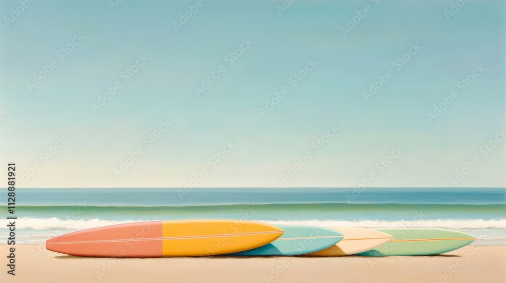Four colorful surfboards lie on a peaceful sandy beach, with gentle waves and a clear blue sky stretching to the horizon in the background. Four colorful surfboards lie on a peaceful sandy beach, with gentle waves and a clear blue sky stretching to the horizon in the background.