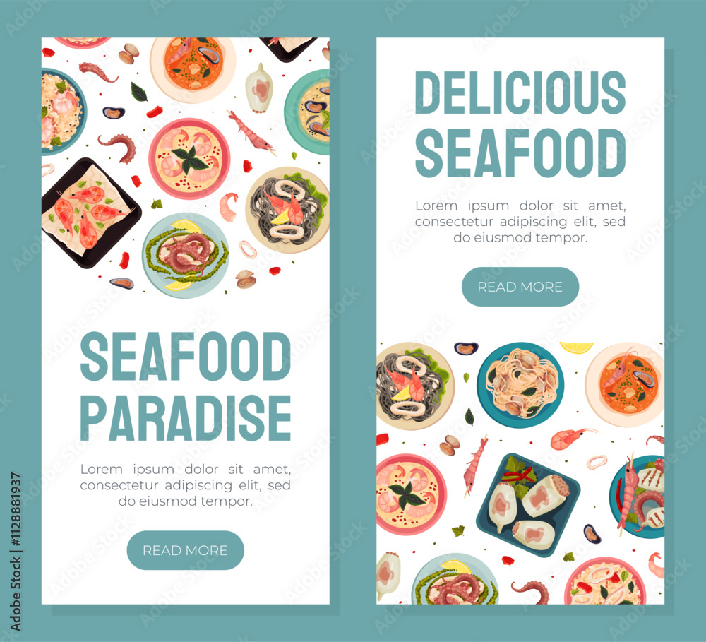 Naklejka premium Seafood Dish Banner Design with Served Meal Vector Template