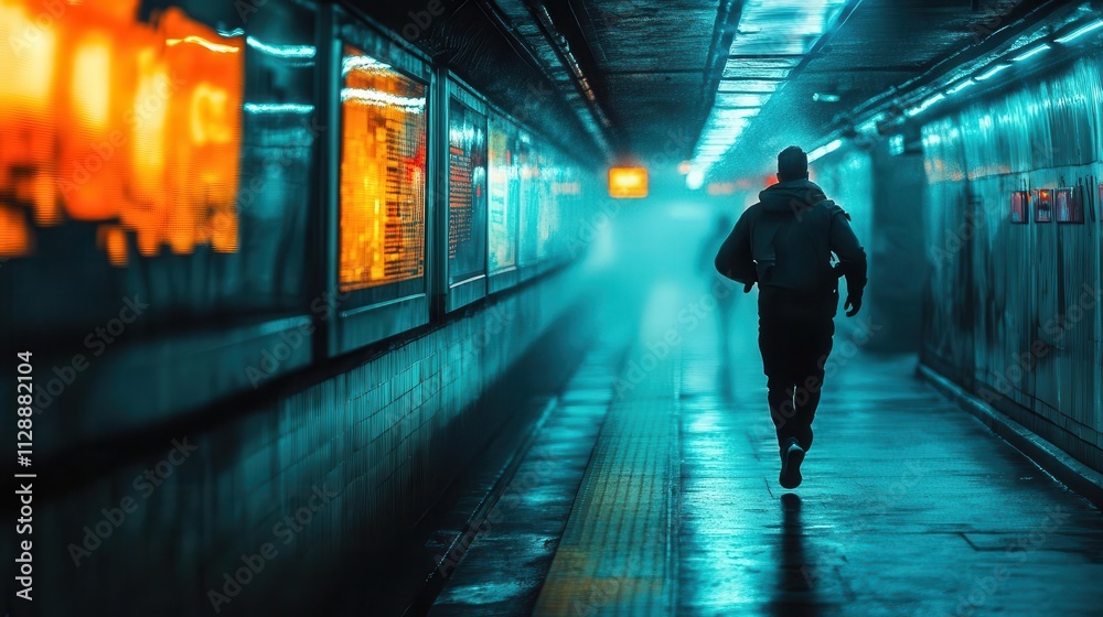 A thief running through an underground subway station, glowing advertisements flashing in the background, cinematic suspense