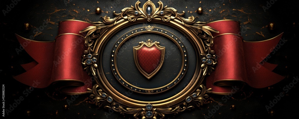 Fototapeta premium Luxurious golden shield badge with red ribbon and intricate details