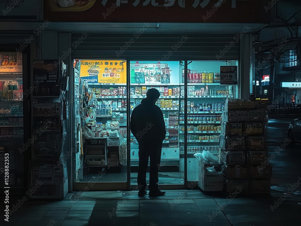 Fototapeta premium A thief s shadow flickering against the walls of a convenience store during a robbery, faint light from the street illuminating the scene