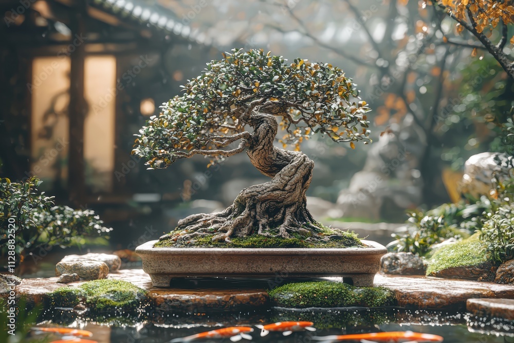 Obraz premium Old weathered bonsai with intricate root structure in a millennial gray zen garden setting high fidelity imagery
