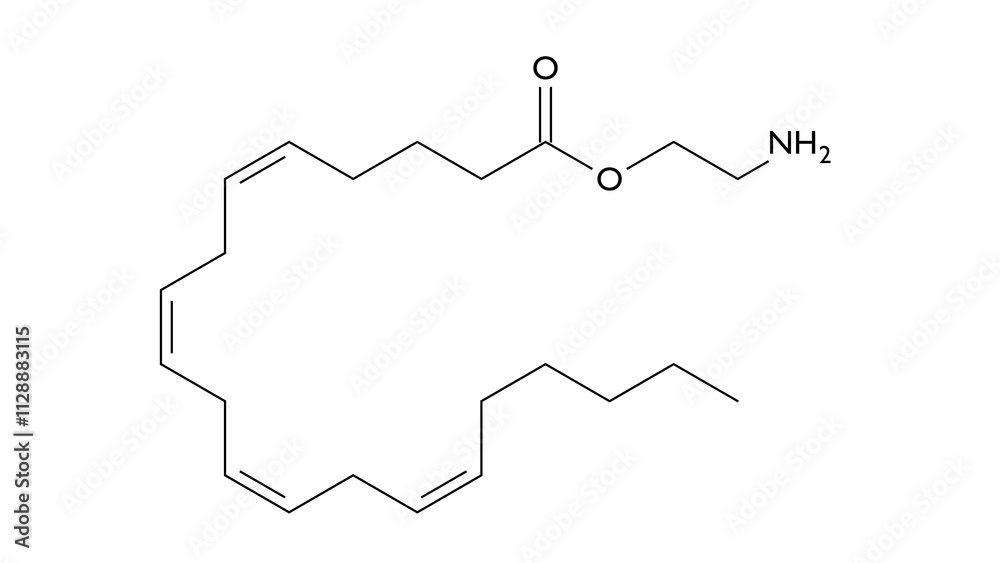 virodhamine molecule, structural chemical formula, ball-and-stick model, isolated image endocannabinoid virodhamine molecule, structural chemical formula, ball-and-stick model, isolated image endocannabinoid