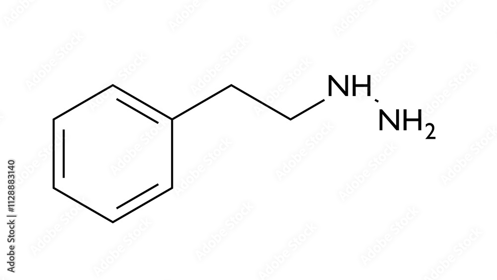 phenelzine molecule, structural chemical formula, ball-and-stick model, isolated image antidepressant phenelzine molecule, structural chemical formula, ball-and-stick model, isolated image antidepressant