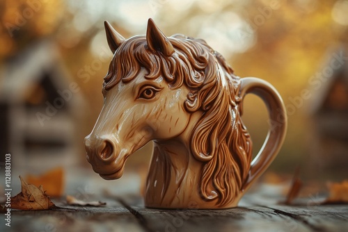 A realistic photo of a porcelain coffee mug shaped like a horse's head, flowing mane, chestnut brown tones, soft golden light, on a stable-themed background 4 photo