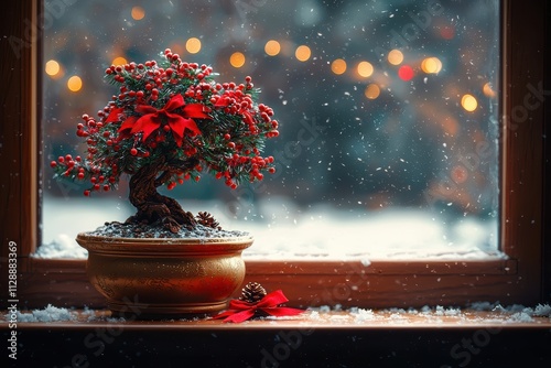 Bonsai tree in millennial gray ceramic pot winter wonderland home decor cozy environment close-up nature's serenity