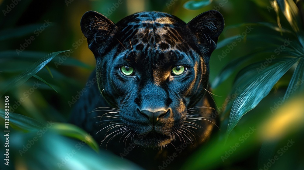Close-up of a black panther's face peering from lush green foliage. Close-up of a black panther's face peering from lush green foliage.