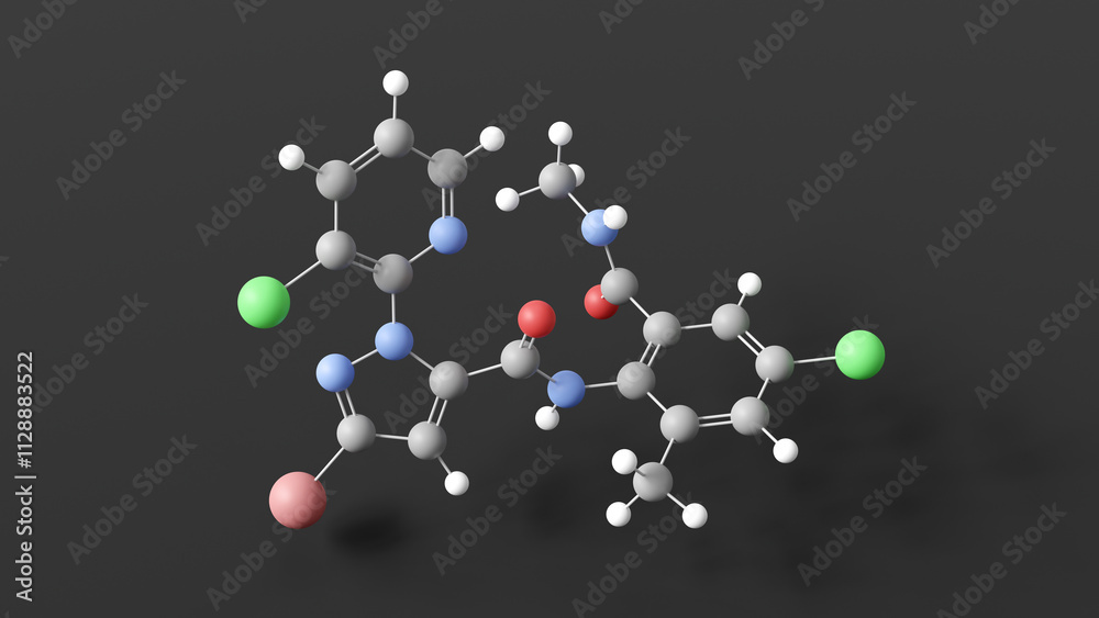 chlorantraniliprole molecule 3d, molecular structure, ball and stick model, structural chemical formula insecticide chlorantraniliprole molecule 3d, molecular structure, ball and stick model, structural chemical formula insecticide
