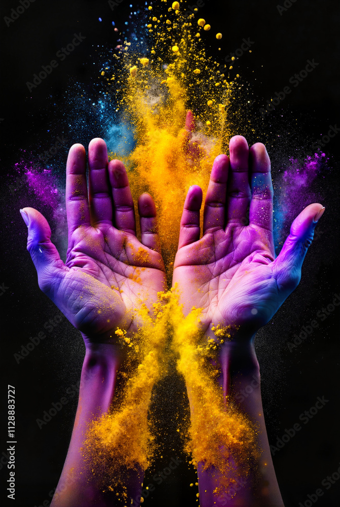Vibrant hands with colorful Holi powder explosion Vibrant hands with colorful Holi powder explosion