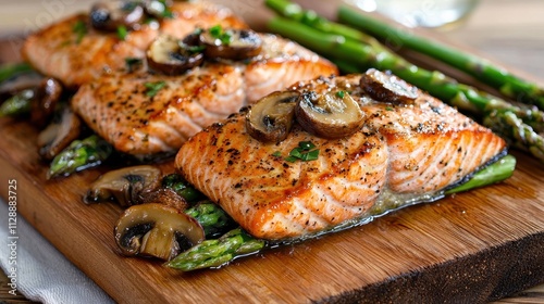 Grilled Salmon Fillet with Asparagus and Mushrooms on Wooden Board