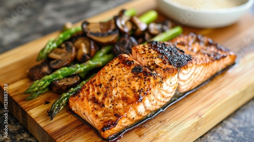 Grilled Salmon Fillet with Asparagus and Mushrooms on Wooden Board