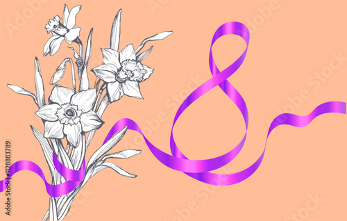 Wallpaper Mural International Womens Day 8 march greeting card with flowers Daffodils bouquet on peach fuzz background. Conceptual trendy design holiday cards, banner of site, poster. Torontodigital.ca