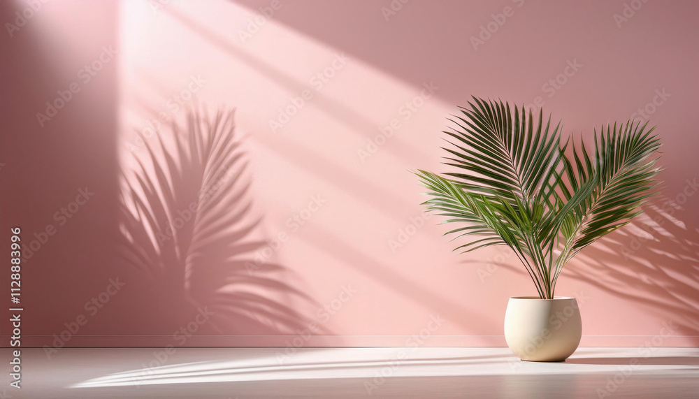 Obraz premium A potted palm plant casts dramatic shadows on a pink wall in minimalist style setting.