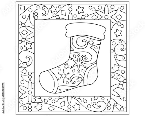 Sock - Christmas winter coloring page, frame with snowflakes and stars - vector zentangle for coloring. Outline. Linear drawing with christmas sock