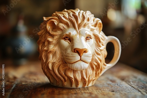 A realistic photo of a porcelain coffee mug shaped like a lion's head, detailed mane, golden hues, soft shadows, close-up on a wooden table 3 photo