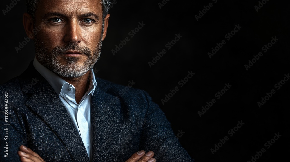 A man in a suit and tie is standing in front of a dark background A man in a suit and tie is standing in front of a dark background