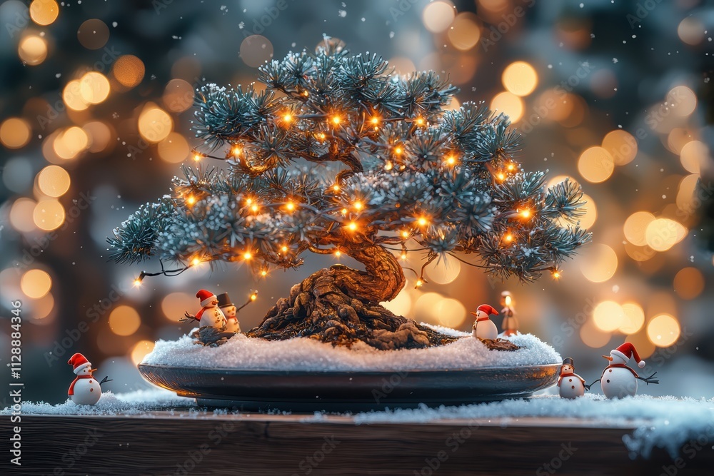 Enchanting bonsai tree with snow millennial gray aesthetic holiday charm cozy indoor setting warm lights seasonal concept Enchanting bonsai tree with snow millennial gray aesthetic holiday charm cozy indoor setting warm lights seasonal concept