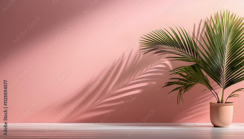 Fototapeta premium A potted palm plant casts dramatic shadows on a pink wall in minimalist style setting.