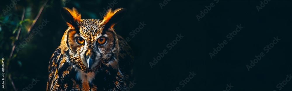 Close-up of an Eagle Owl with Piercing Eyes in Dark Night, Concept of Birds of Prey, Wildlife Close-up of an Eagle Owl with Piercing Eyes in Dark Night, Concept of Birds of Prey, Wildlife