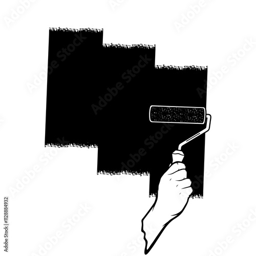 right hand painting a wall using a wall paint roller black and white vector