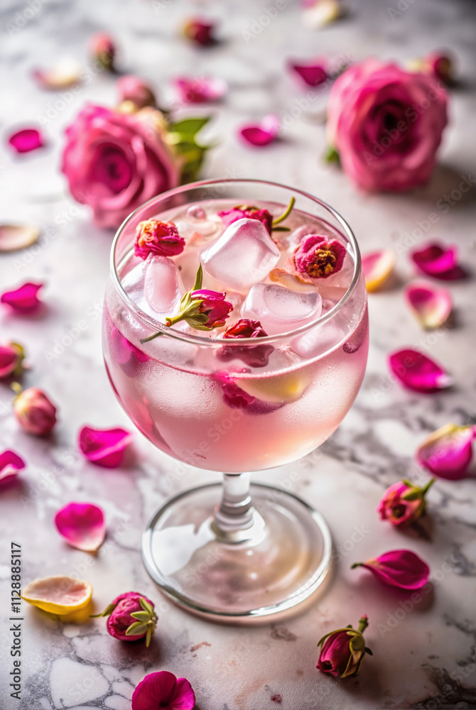 Rose water cocktail with petals and floral garnish Rose water cocktail with petals and floral garnish