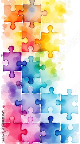 Interlocking Puzzle Pieces with Watercolor Texture Symbolizing Connection and Diversity in Abstract Design