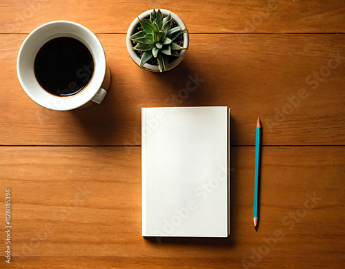 Book mockup with pencil and coffee cup beside potted plant on wooden table
