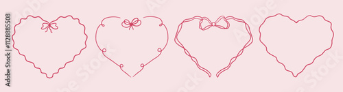 Set of outline scallop frame border in vintage doodle style. Retro frame with wavy border and bow. Brush hand drawn heart shape