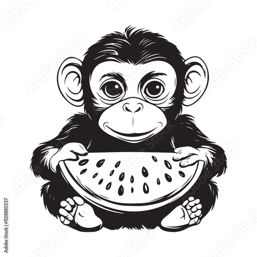 Cute Monkey Devouring Juicy Watermelon Slice in Black and White Illustration