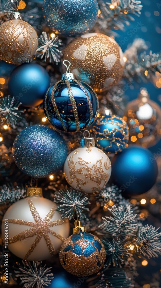 Glowing Christmas string lights garland and balls creating a festive atmosphere on dark blue gold colors background for New Year . Vectical format Glowing Christmas string lights garland and balls creating a festive atmosphere on dark blue gold colors background for New Year . Vectical format