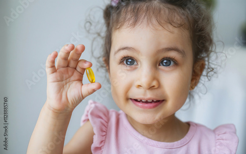 A cute little girl holding a vitamin d, or e, a, b or omega 3, fish, cod oil yellow capsule. Food supplement tablets for healthy life, medicine, wellness. photo