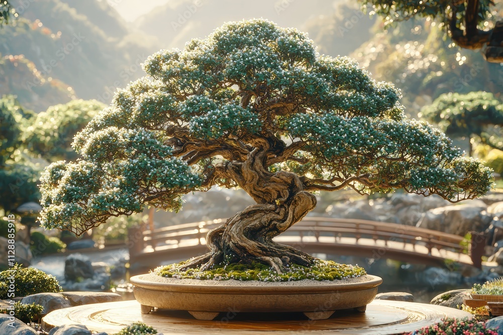 Ancient bonsai tree displaying intricate winding trunk in millennial gray aesthetic serene garden nature photography tranquil environment Ancient bonsai tree displaying intricate winding trunk in millennial gray aesthetic serene garden nature photography tranquil environment