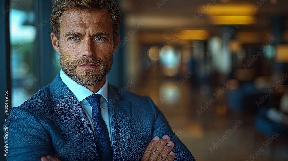 A man in a suit and tie stands in front of a window, looking out at the world A man in a suit and tie stands in front of a window, looking out at the world