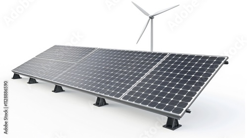 A wind turbine and solar panels generating renewable energy, isolated on a white background photo