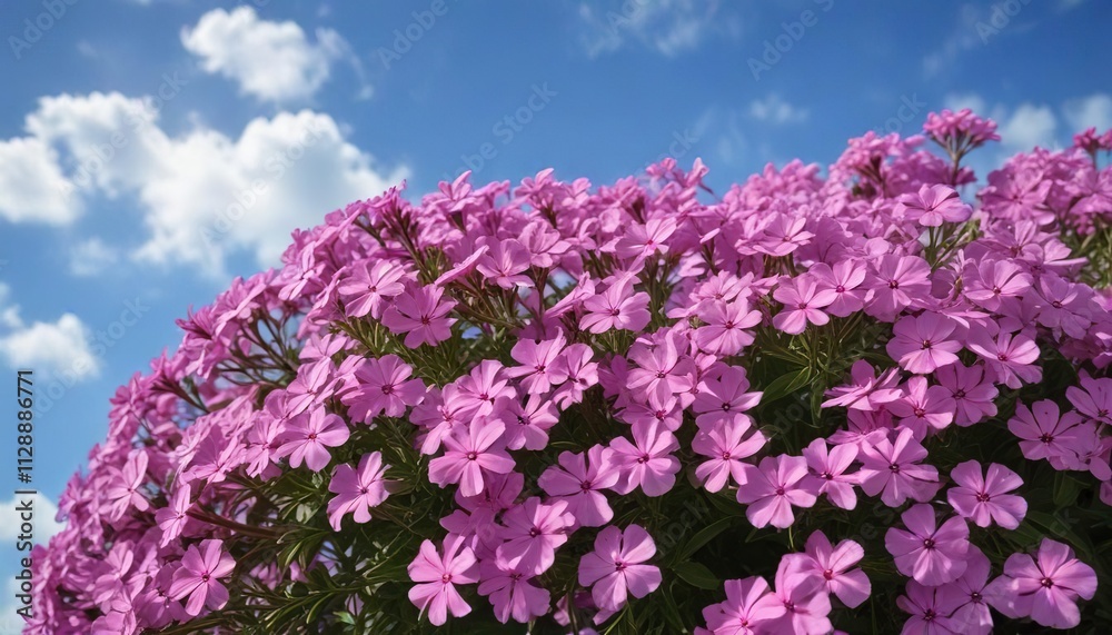 Phlox bush in full bloom against a blue summer sky, blooming bushes, phlox, country yard Phlox bush in full bloom against a blue summer sky, blooming bushes, phlox, country yard
