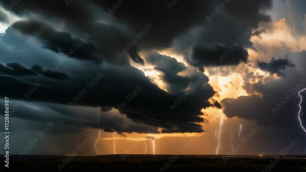 Powerful thunderstorm is approaching a plain landscape. Lightning strikes illuminate the dark clouds from within, creating a dramatic spectacle of nature's power
